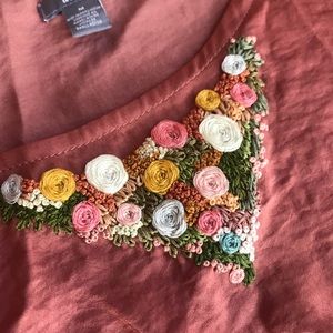 Dusty rose tunic with hand embroidered collar rust